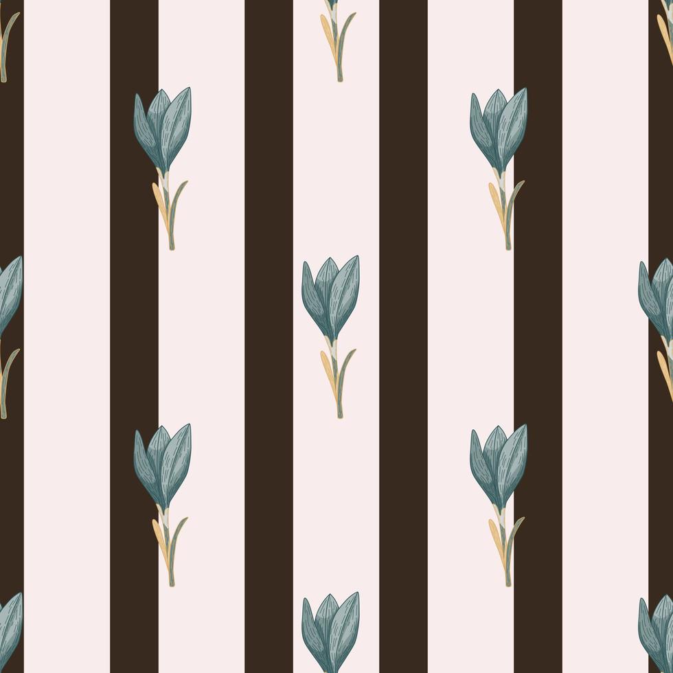 Decorative botanic seamless pattern with blue crocus flowers on striped beige and brown background. vector