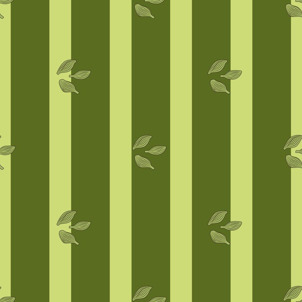 Seamless pattern cardamom on stripes green background. Cute plant sketch ornament. Geometrical texture template for fabric. vector