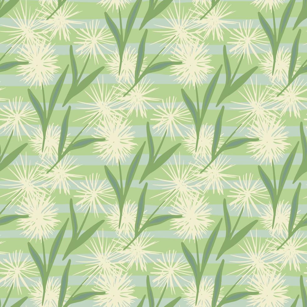 Spring hand drawn seamless floral pattern with dandelions. Stripped background with botanic elements in light and green tones. vector