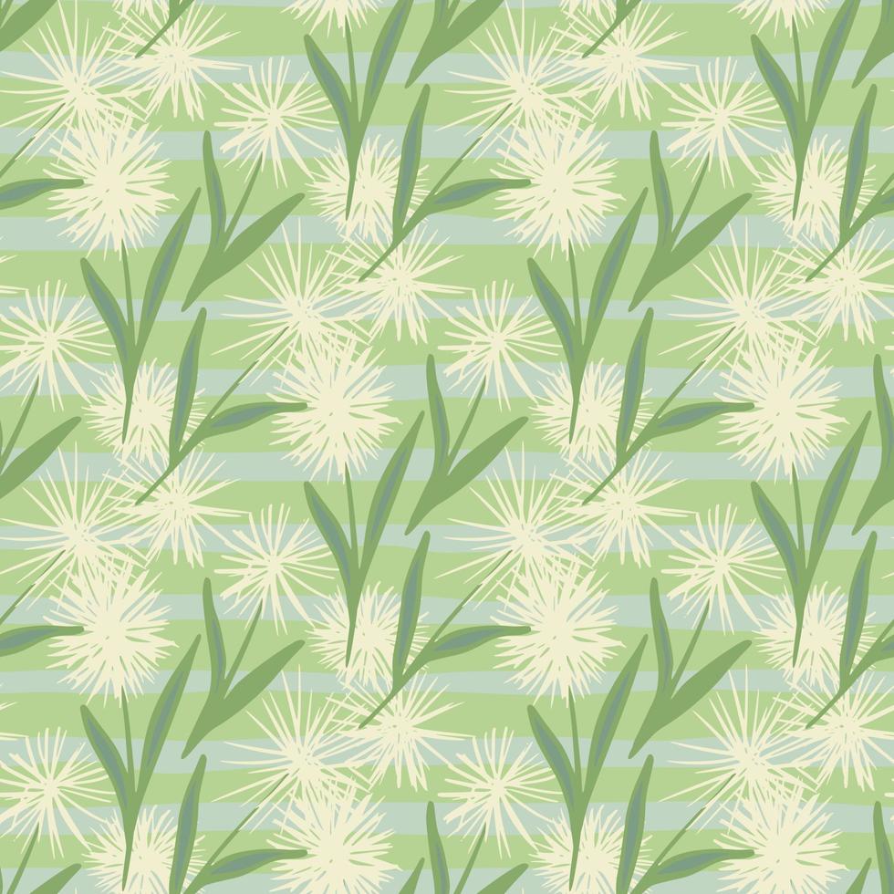 Spring hand drawn seamless floral pattern with dandelions. Stripped background with botanic elements in light and green tones. vector