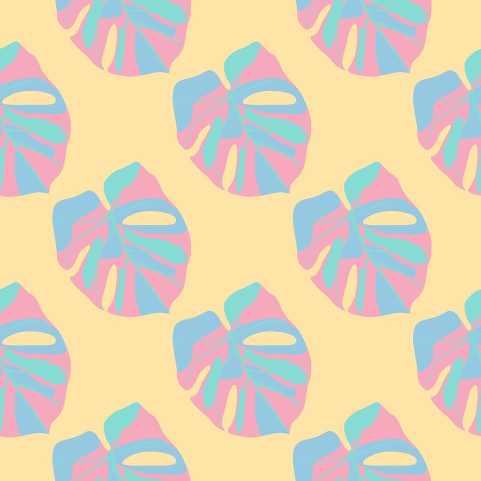 monstera brillante deja un patrón sin fisuras. siluetas tropicales de color rosa y azul sobre fondo naranja claro. vector