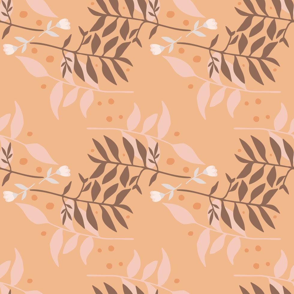 Pastel autumn forest bouquet seamless pattern. Branches with leaves in brown and pink soft tones on orange background. vector