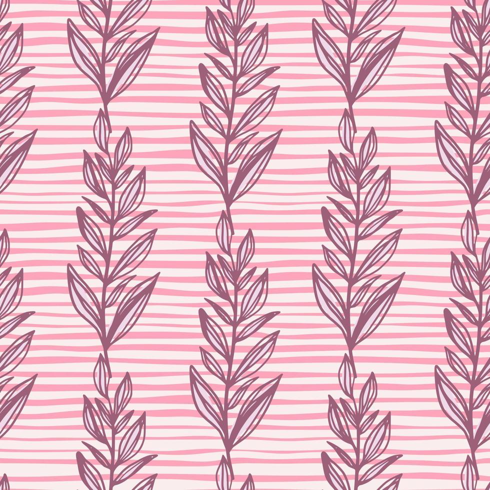 Outline leaf branch ornament seamless doodle pattern. Purple contoured foliage on background with pink strips. vector