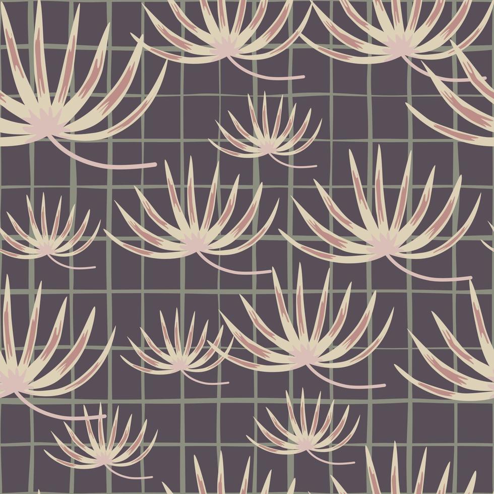 Random pink tropical bush ornament seamless pattern in nature style. Purple chequered background. vector