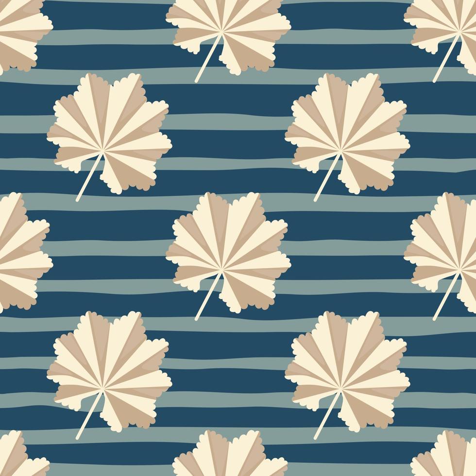 Beige abstract exotic leaf elements seamless doodle pattern. Navy blue and grey striped background. vector