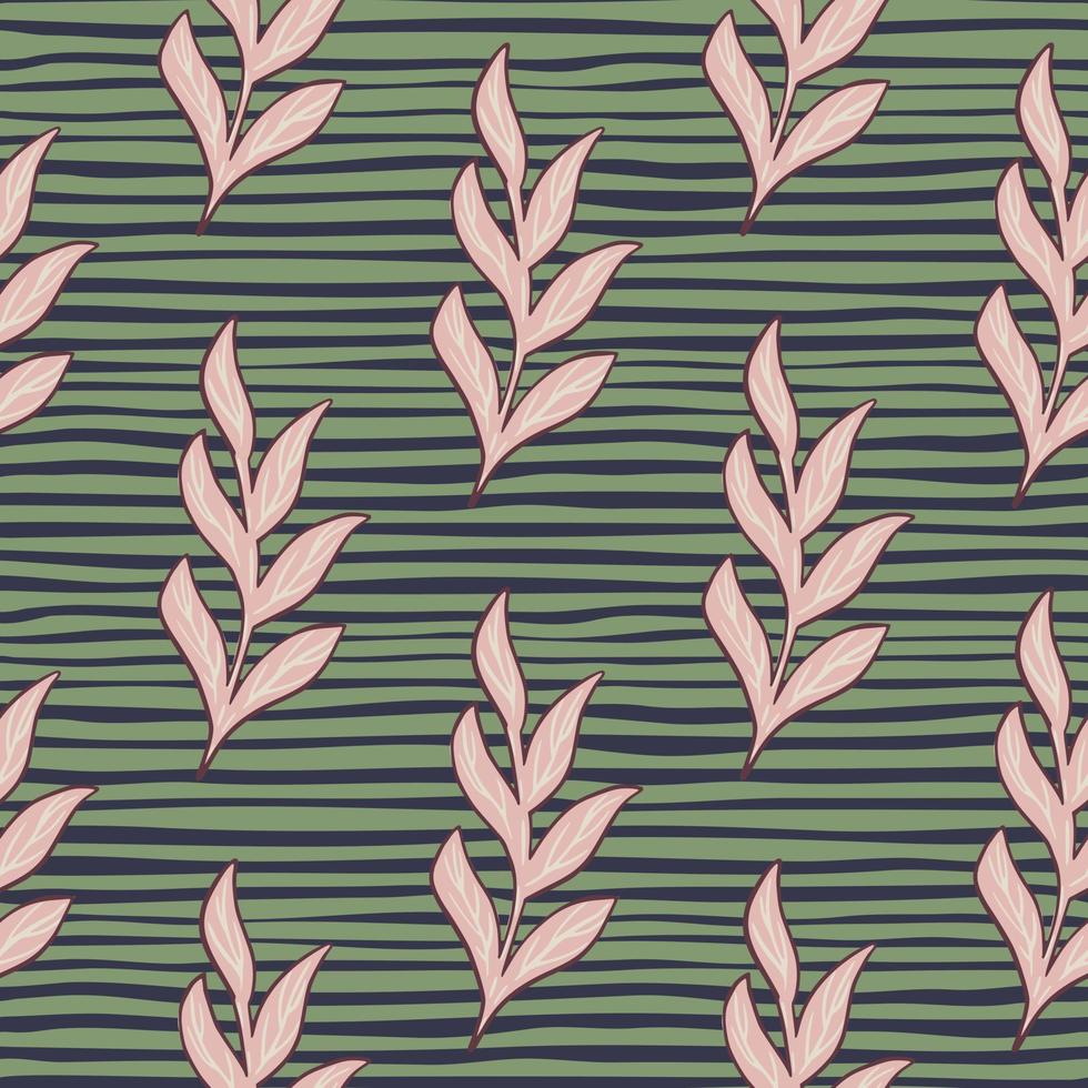 Seamless decorative pattern with botanic pink outline branches. Green striped dark background. vector