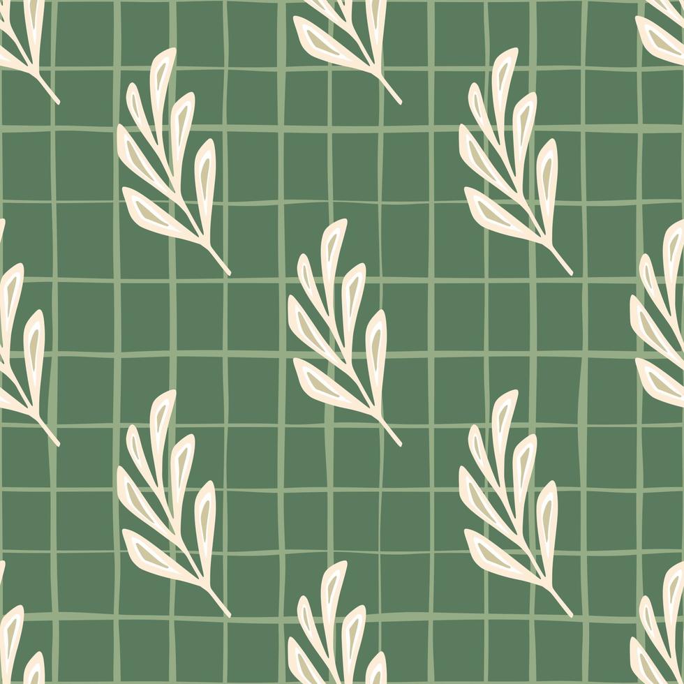 White abstract leaf branches elements seamless pattern. Green chequered background. Doodle style. vector