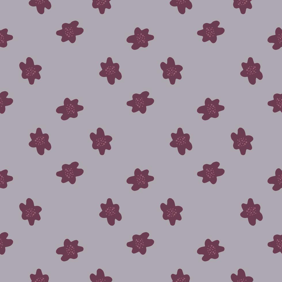Abstract botanic seamless flora pattern with purple flowers shapes. Grey background. Nature backdrop. vector