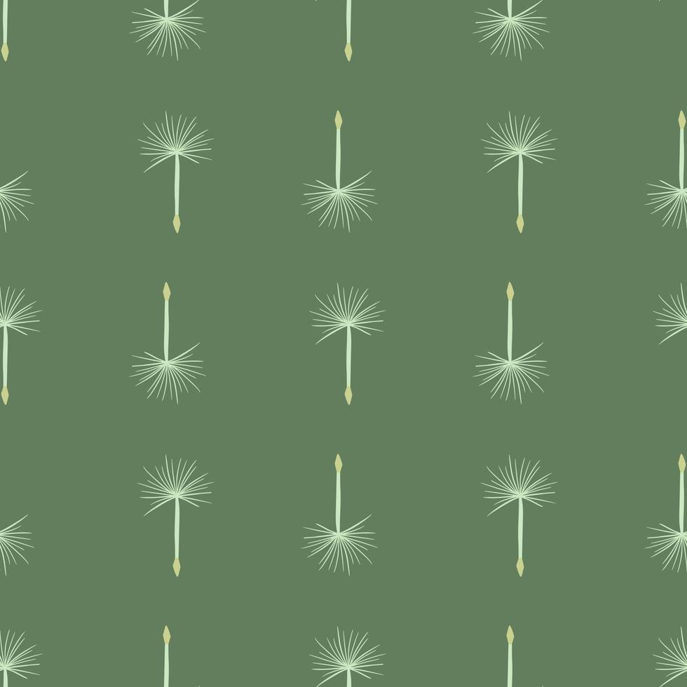 Seamless doodle pattern with simple dandelion white ornament print. Green olive background. vector