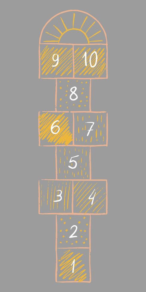 Boho Hopscotch kid activity game isolated on gray background. Design carpet children games drawn colored crayons. vector