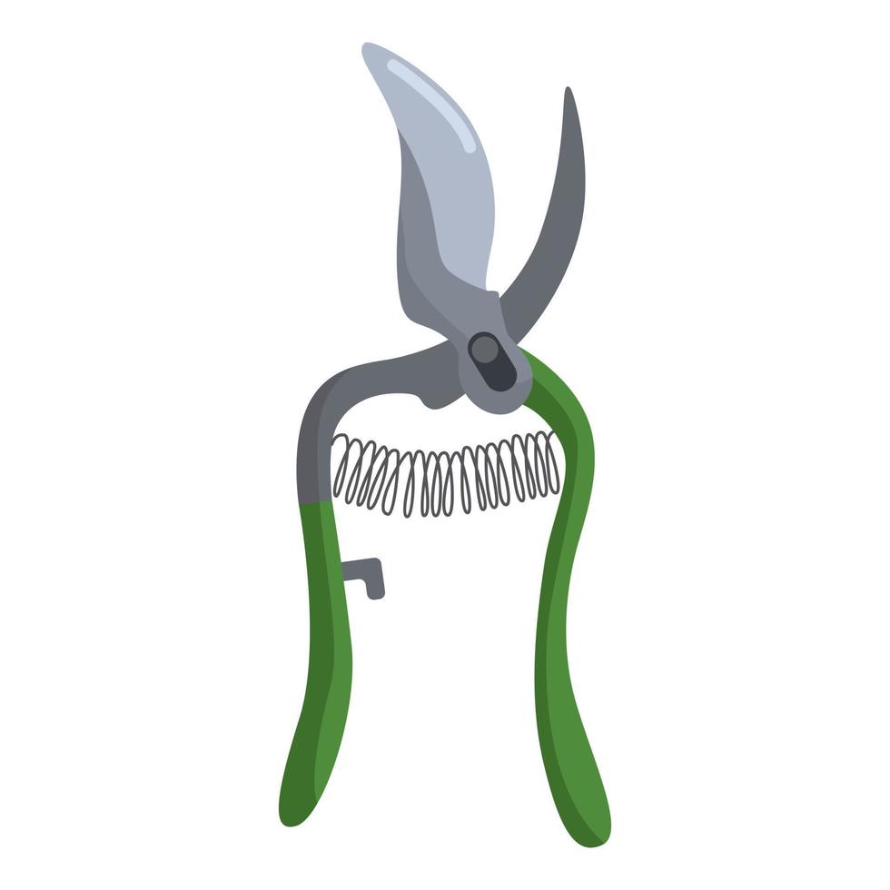 Green secateur with spiral on white background isolated. Professional garden tool for trimming and tree care vector
