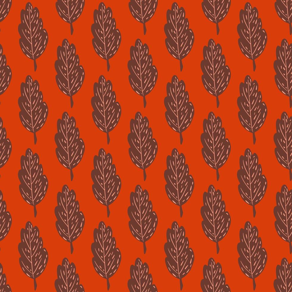 Seamless abstract pattern with brown autumn leaf shapes. Red bright background. vector