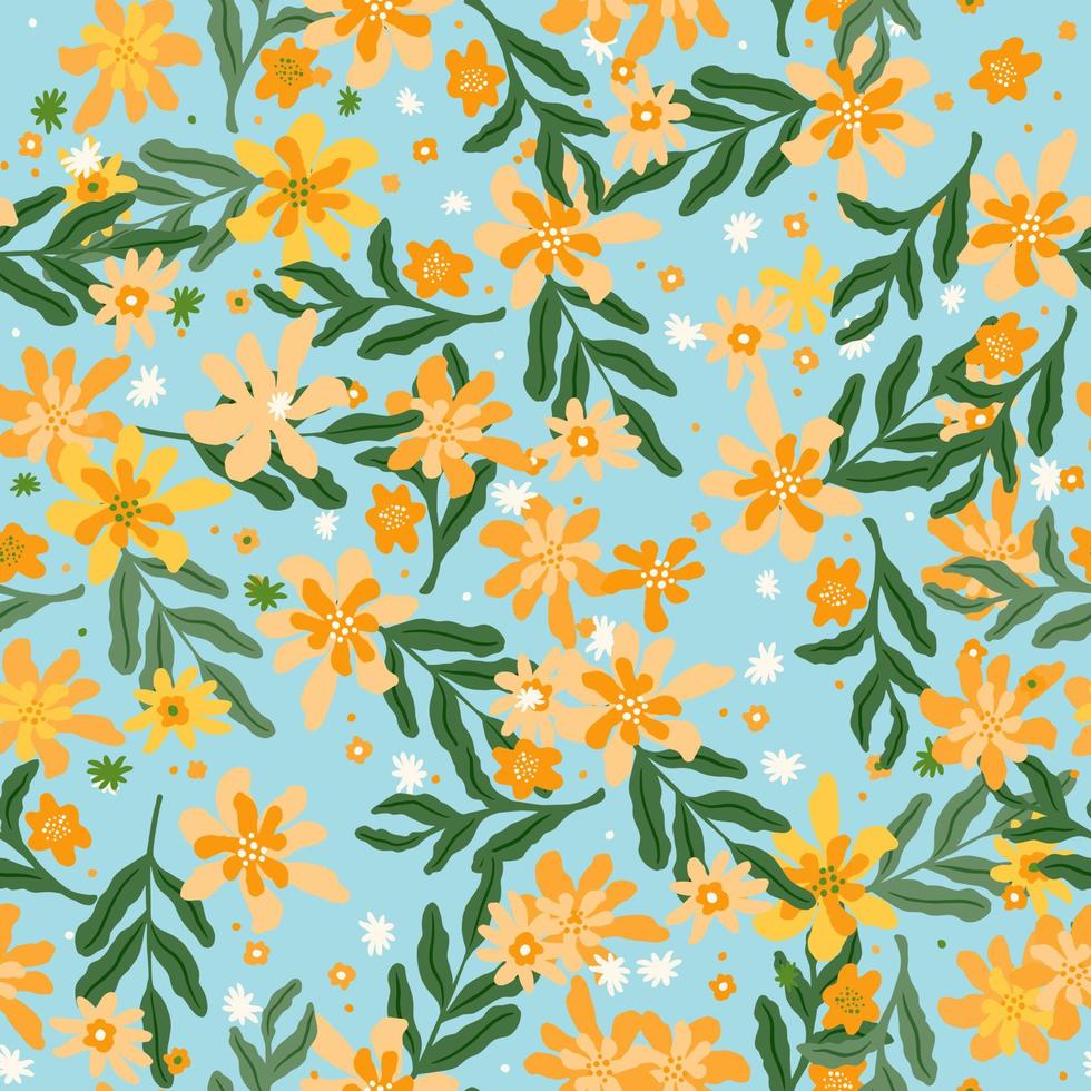Yellow flowers and green foliage print seamless random pattern. Blue background. Nature field backdrop. vector