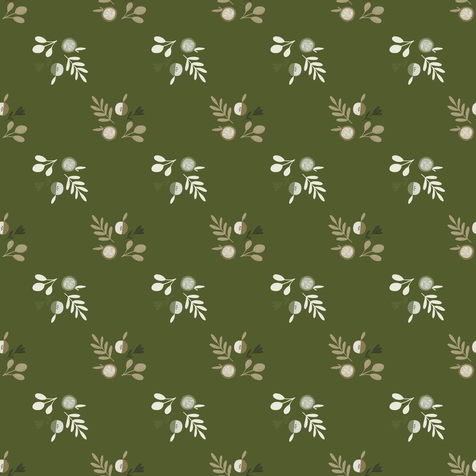 Seamless pattern with vintage doodle apples and leaves print. Green olive background. vector