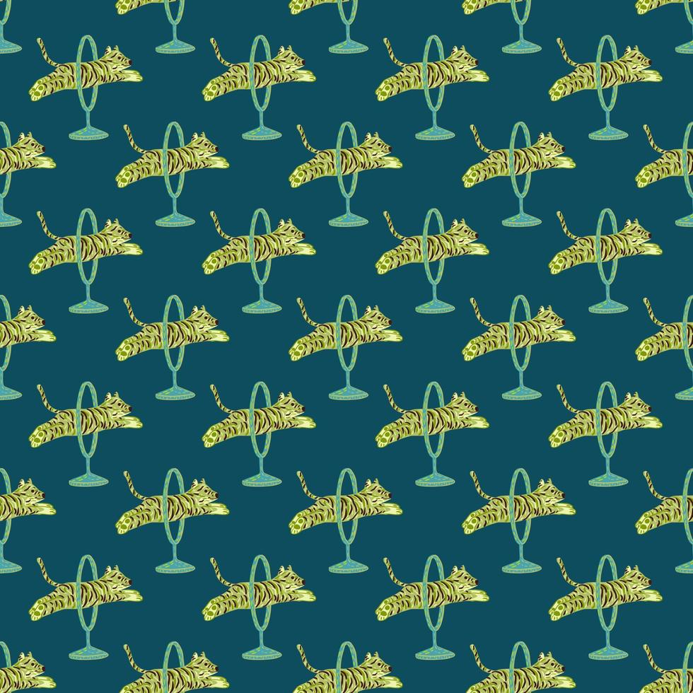 Wild cat seamless pattern with doodle jumping yellow tigers acroos rings print. Navy blue background. vector