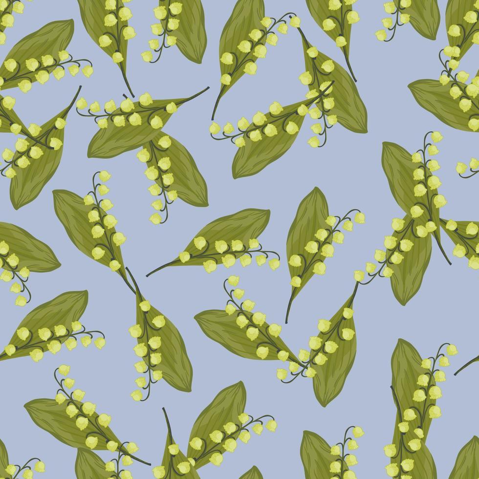 Bright green random lily of the valley ornament seamless spring pattern. Blue background. Doodle style. vector