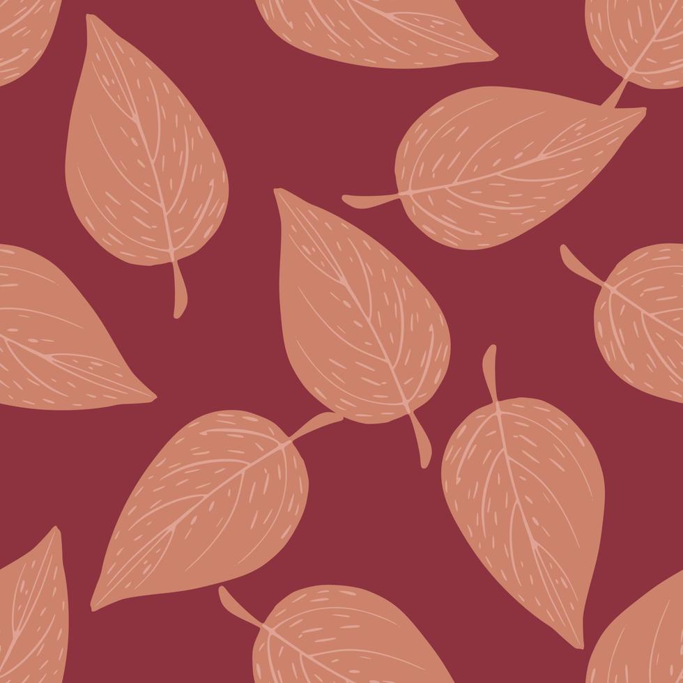 Minimalistic abstract seamless pattern with doodle leaf ornament. Maroon background. vector