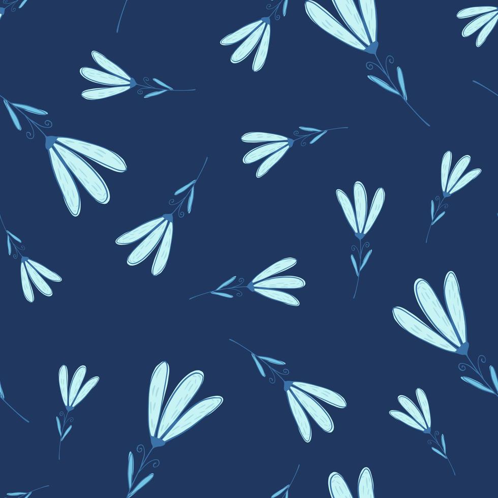 Random seamless pattern with light wild flower ornament. Navy blue background. vector