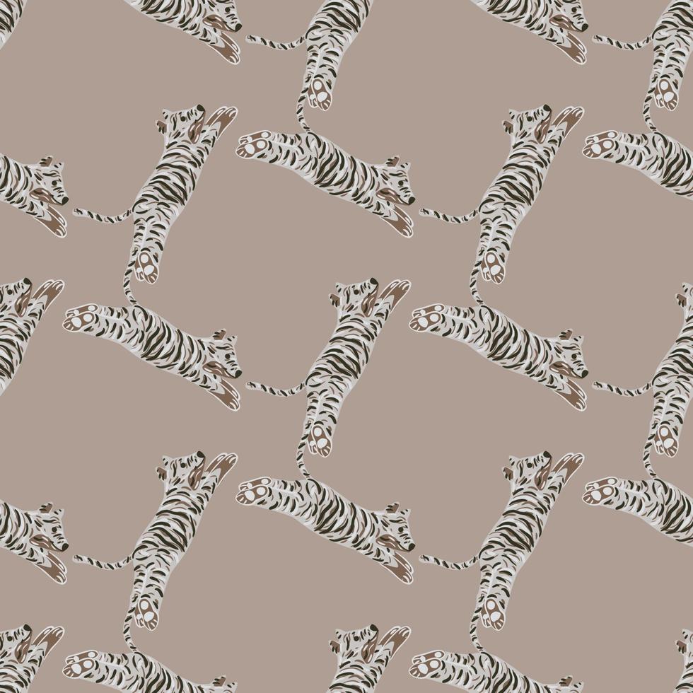 Cartoon seamless pattern with grey simple tiger silhouettes ornament. Jumping wild cats on pale background. vector