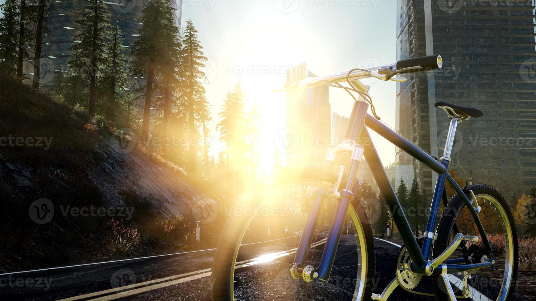 City bicycle on the road at sunset photo