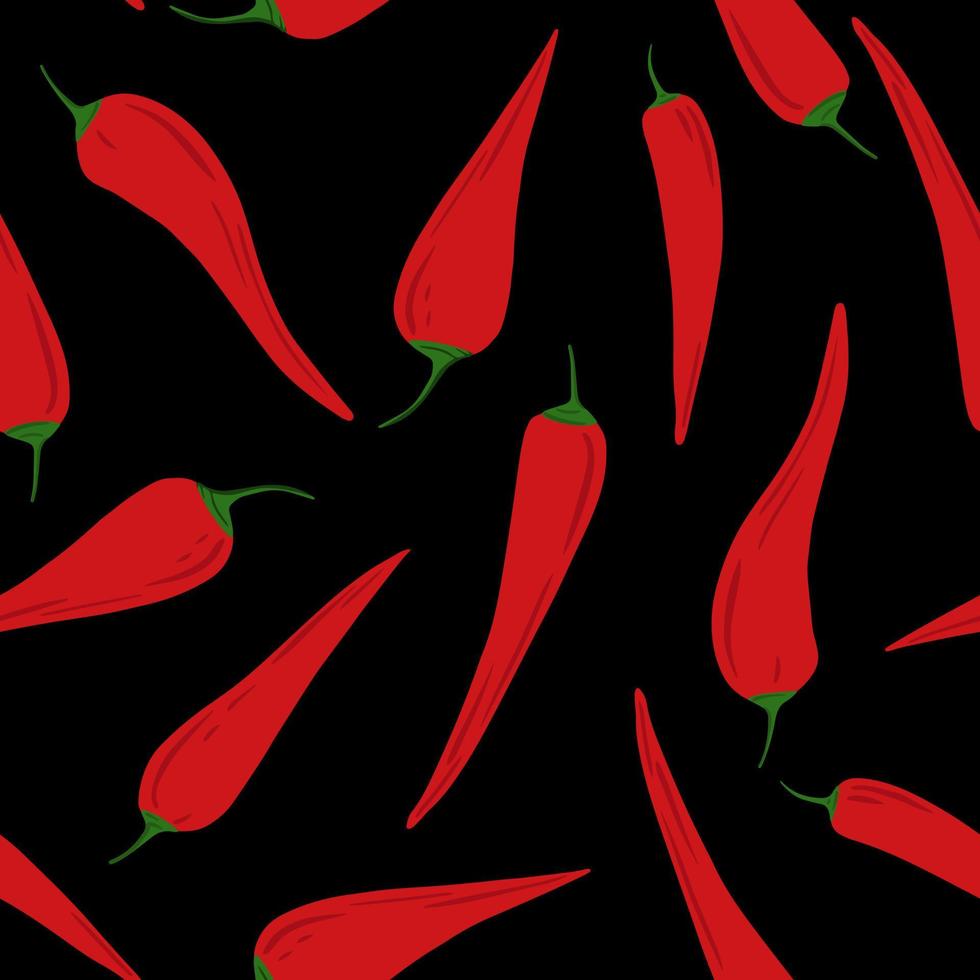 Chili peppers seamless pattern on black background. vector