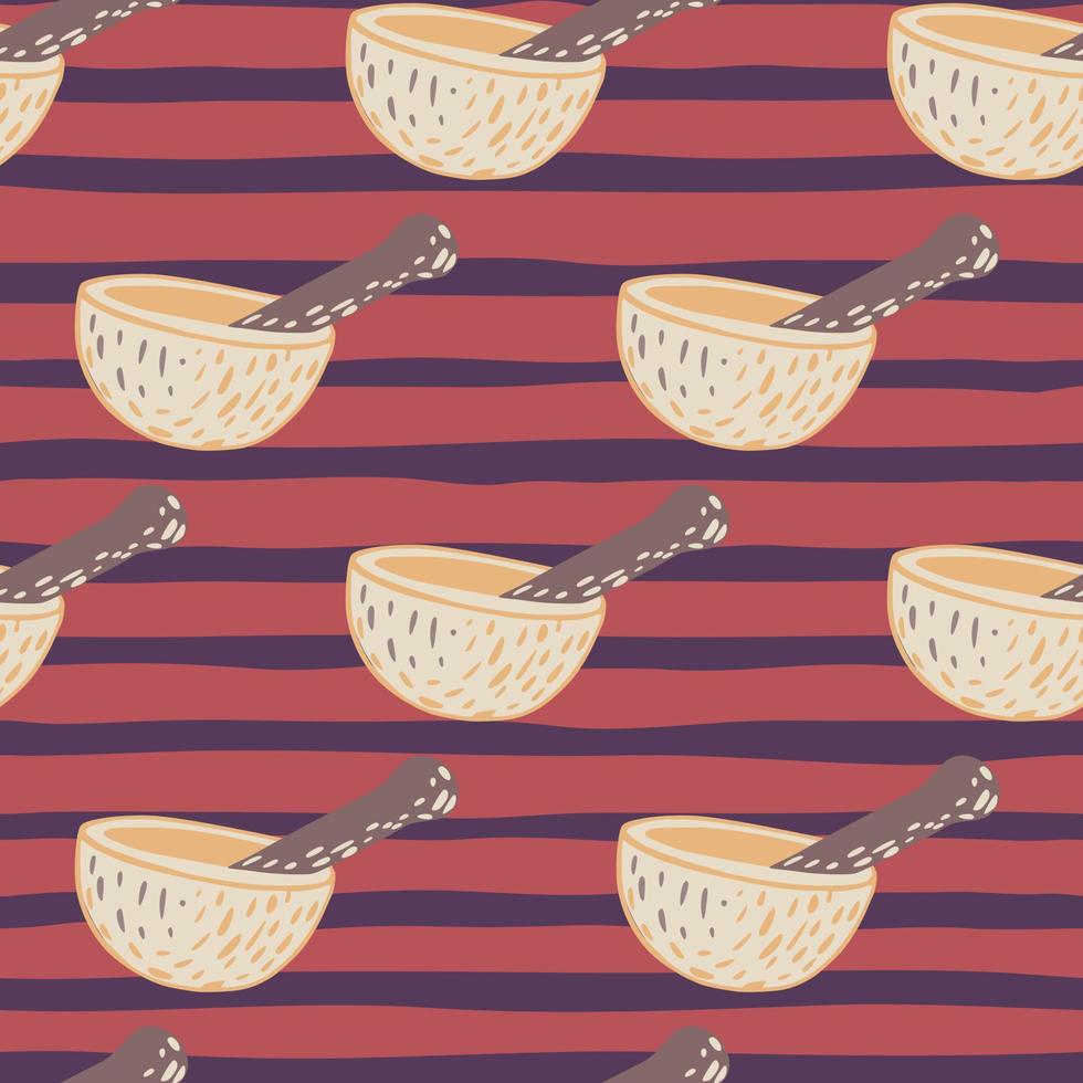 Cooking utensil seamless pattern with simple mortar and pestle ornament. Striped background. vector