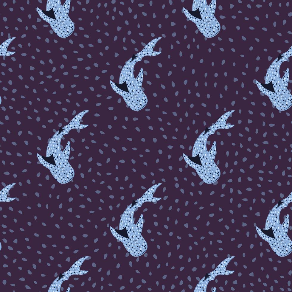 Exotic seamless pattern with blue whale shark silhouettes. Navy blue dotted background. Ocean print. vector