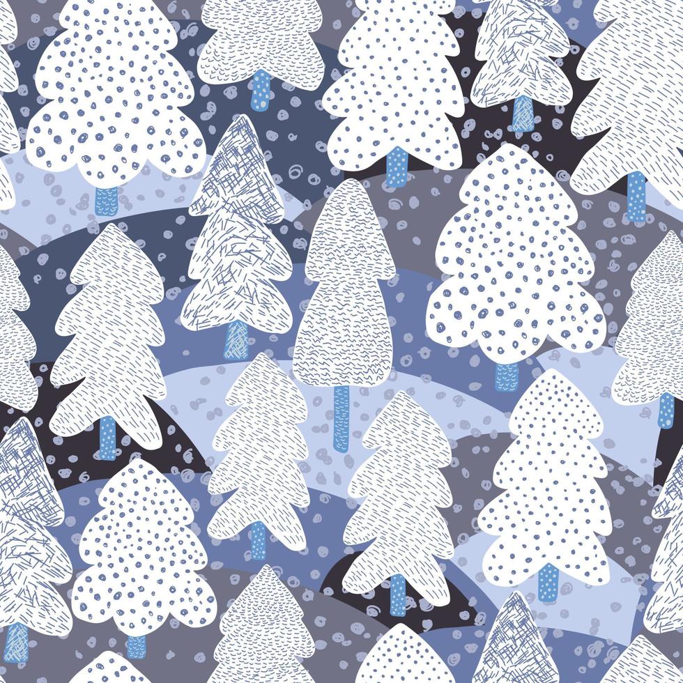 Hand drawn Winter pine tree seamless pattern. Doodle forest background. vector