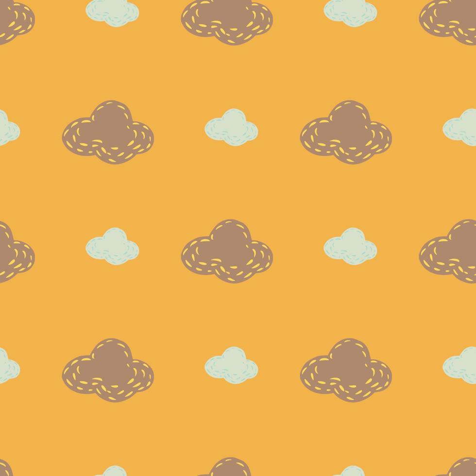 Light blue and beige clouds silhouettes seamless doodle pattern. Weather print with orange background. vector