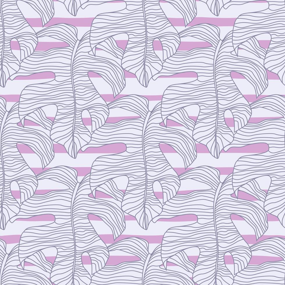 Stylized tropic monstera shapes seamless doodle pattern. Blue outline foliage ornament on striped background with white and pink lines. vector
