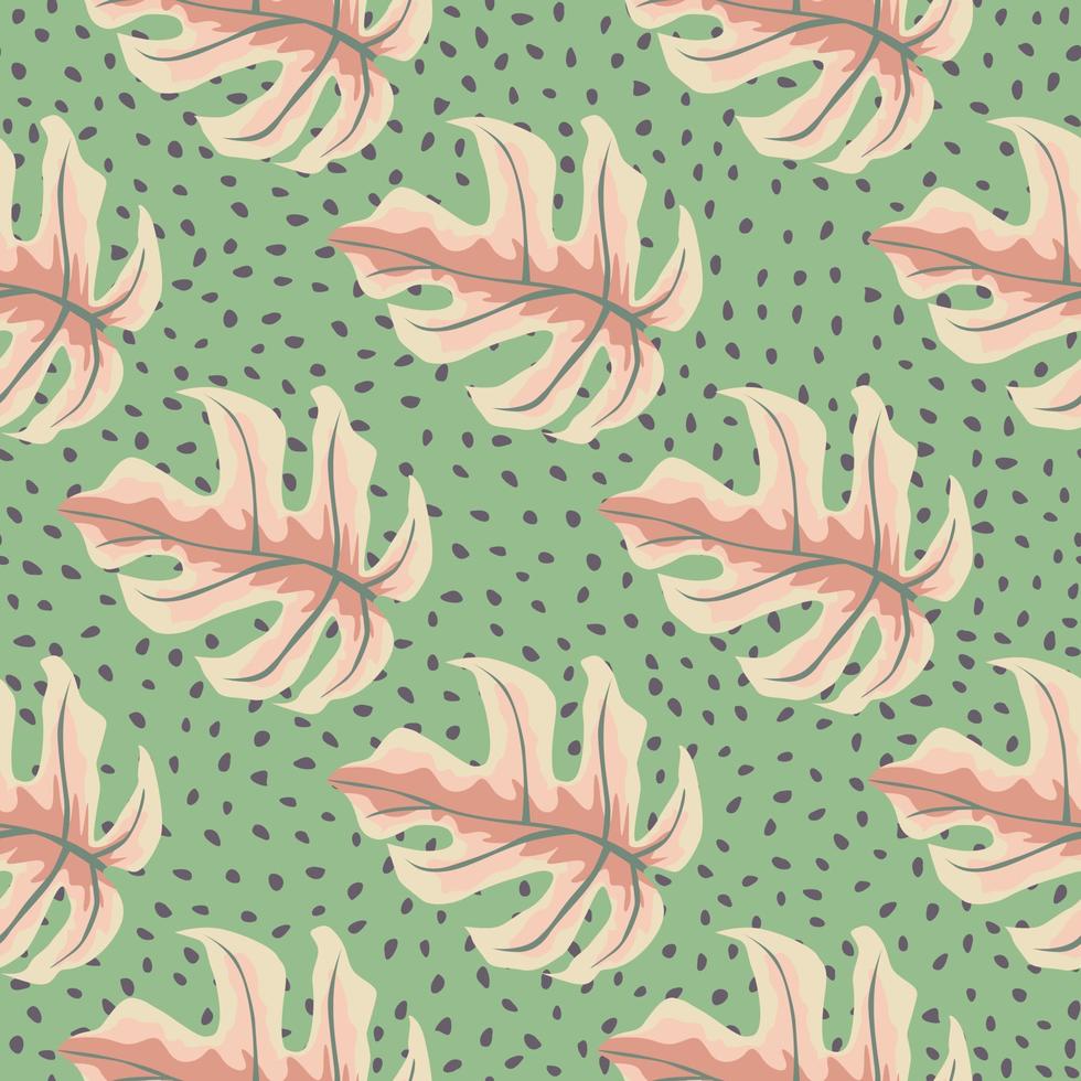 Bright summer seamless tropical pattern with pink colored hand drawn monstera leaf. Green dotted background. vector