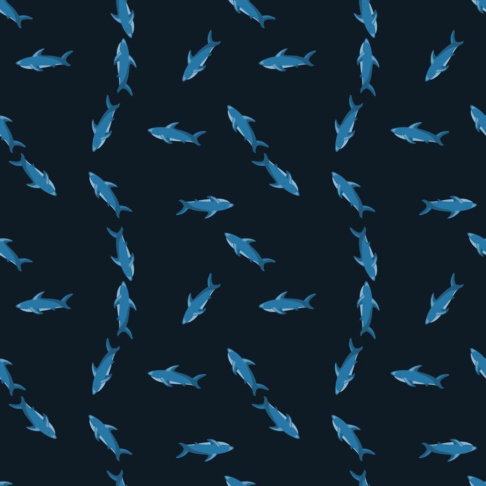 Doodle random small blue shark shapes seamless pattern. Black background. Scrapbook ornament. Simple style. vector