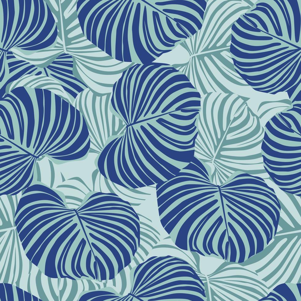 Floral seamless doodle pattern with abstract tropical leaves elements. Monstera blue foliage print. vector