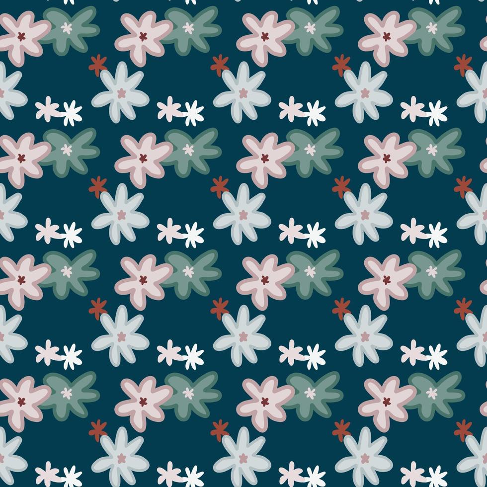 Chamomile seamless doodle naive pattern. Dark turquoise background with pink and blue floral ornament. vector