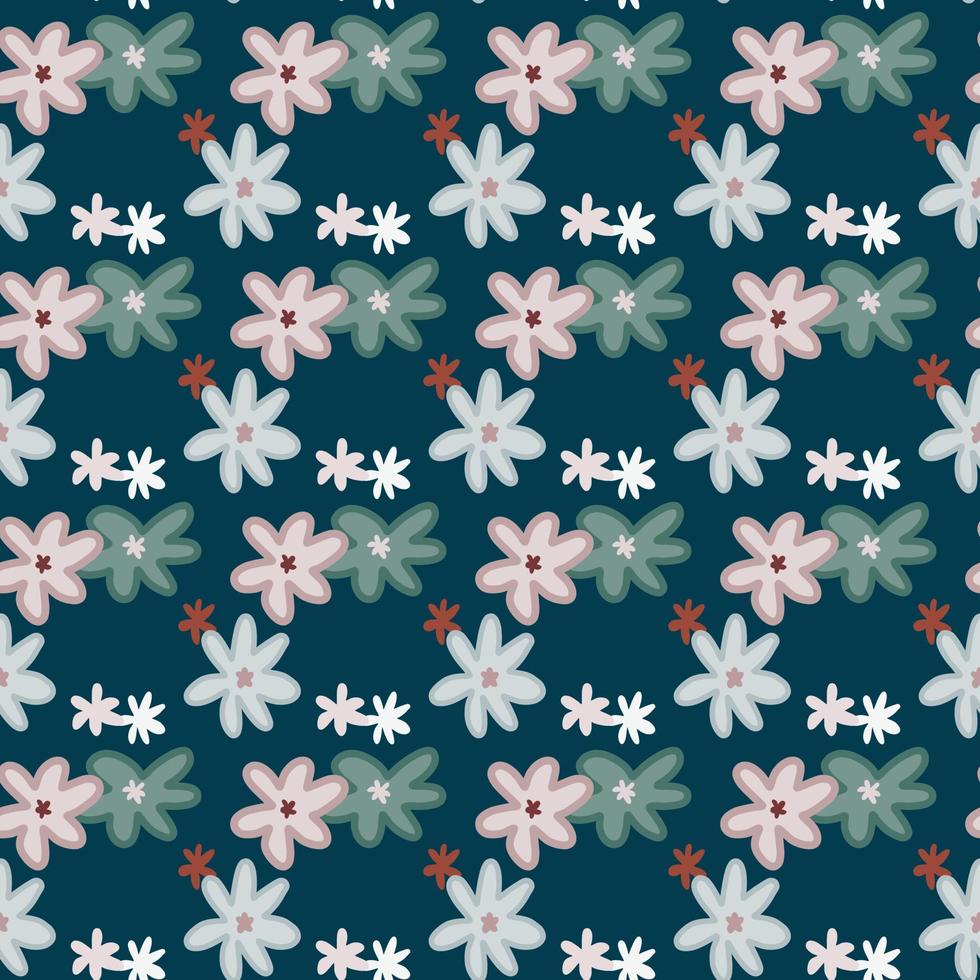 Chamomile seamless doodle naive pattern. Dark turquoise background with pink and blue floral ornament. vector