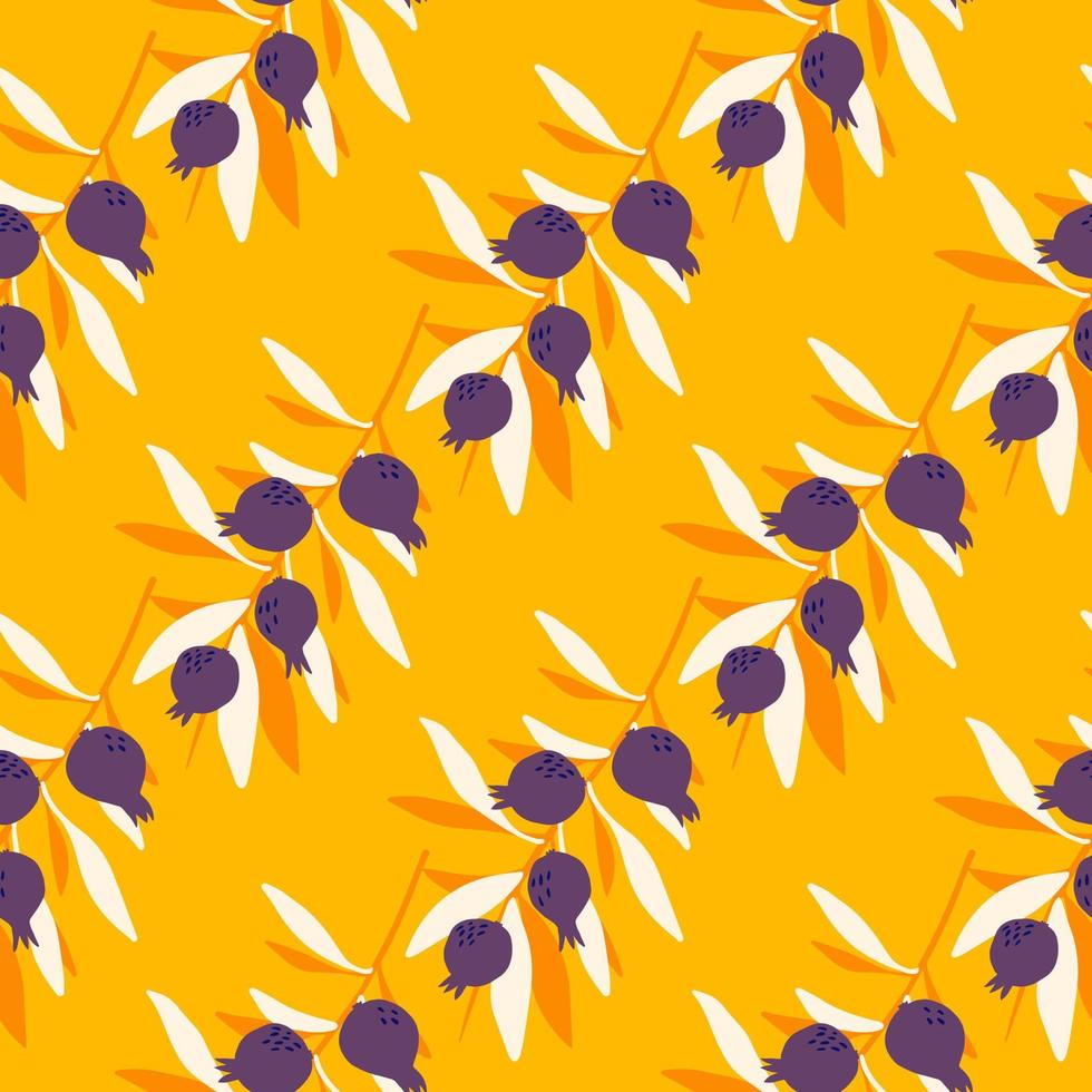 hojas y bayas de patrones sin fisuras sobre fondo amarillo. papel pintado floral. impresión botánica. vector