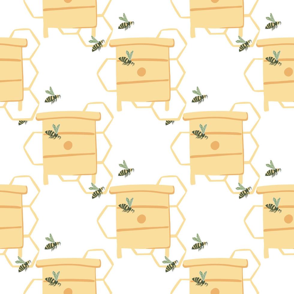 Isolated honey theme seamless pattern. Hand drawn bees, beehives and honeycomb in yellow color on white background. vector