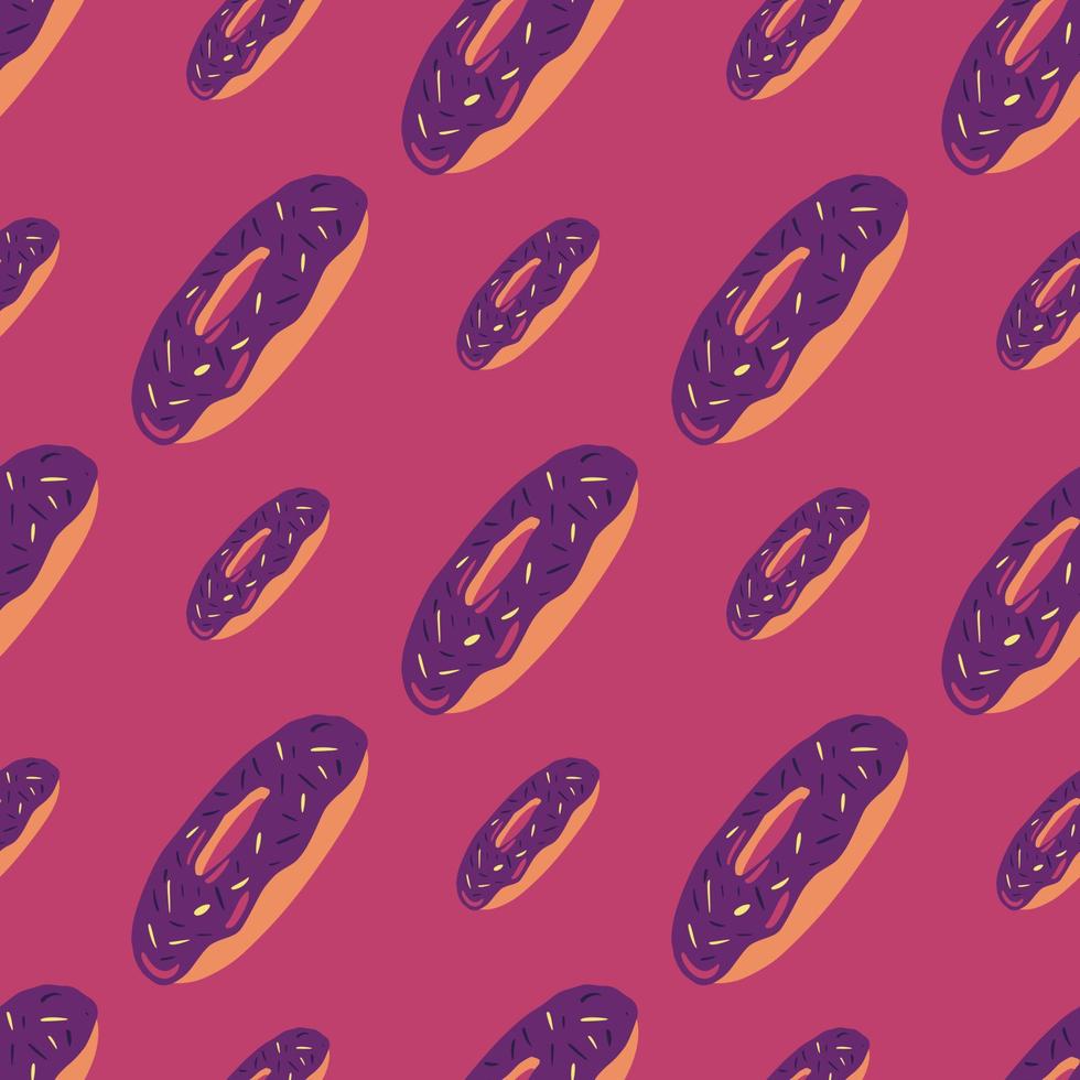 Diagonal located donuts ornament seamless pattern. Purple sweet dessert elements on pink background. vector