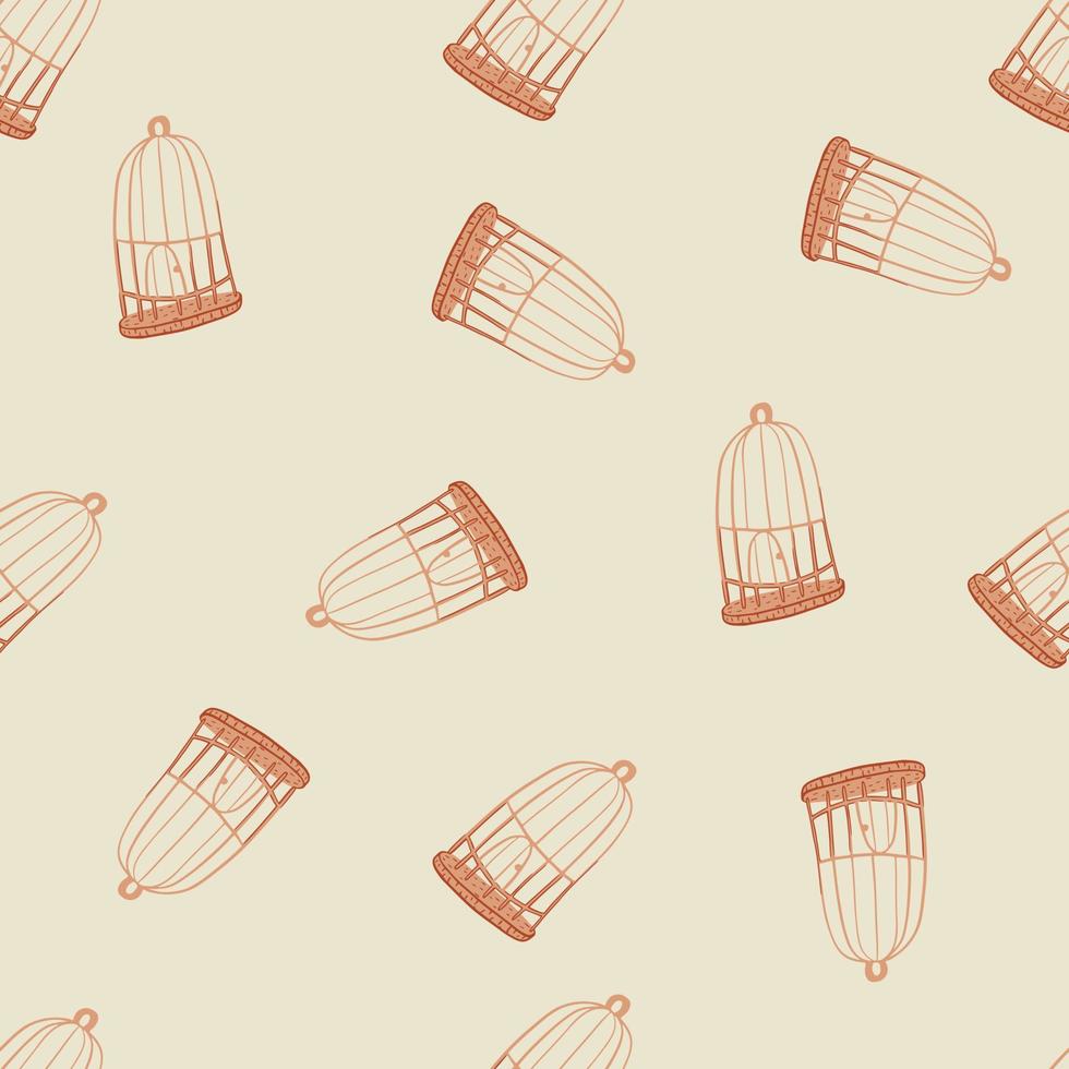 Random seamless pattern with orange bird cage contoured print. Light pastel background. vector