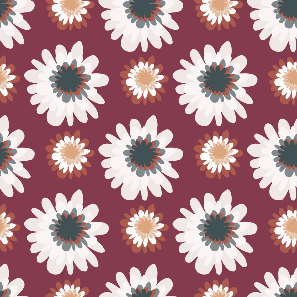 Colorful small and middle flowers on burgundy background. Seamless creative pattern. vector