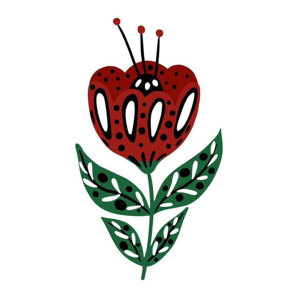 Red flowers in folk style isolated. Scandinavian style vector