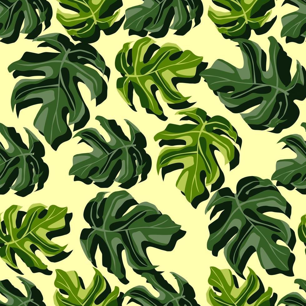 patrón de monstera sin costura botánico brillante aleatorio. hojas verdes exóticas sobre fondo amarillo claro. vector