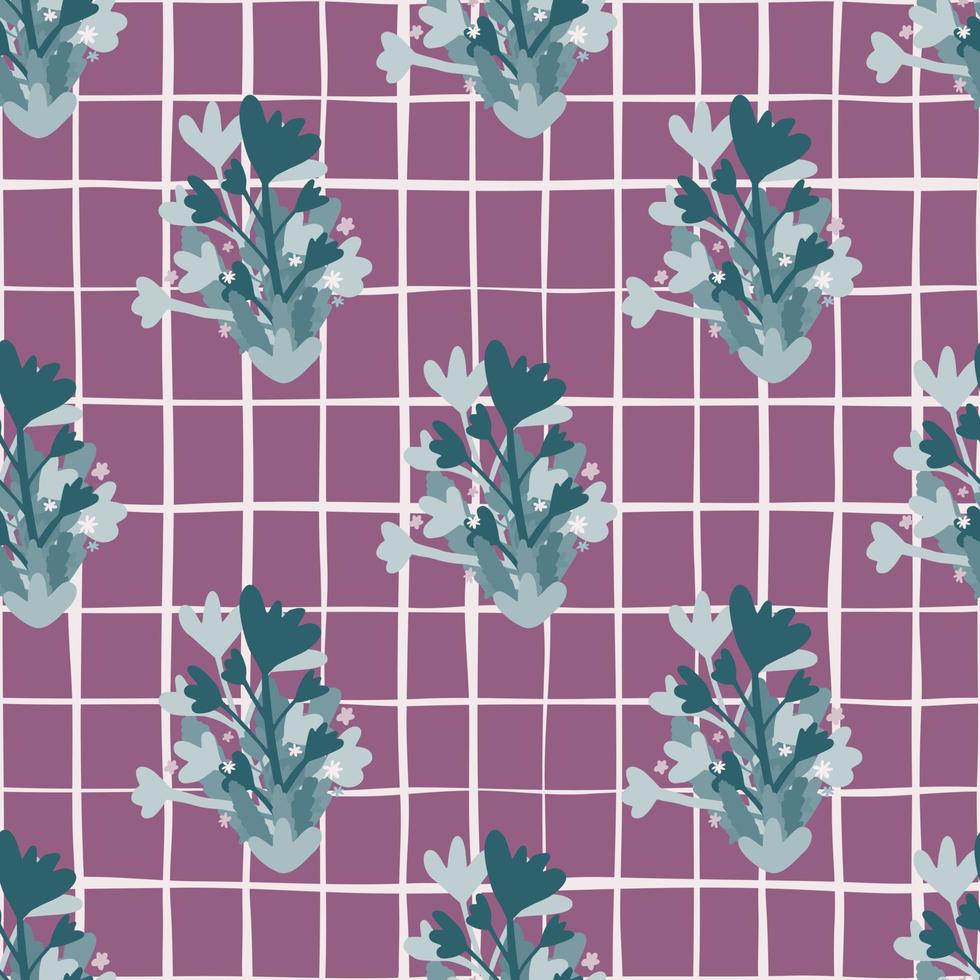 Bright floral abstract ornament seamless pattern. Blue elements on purple chequered background. vector