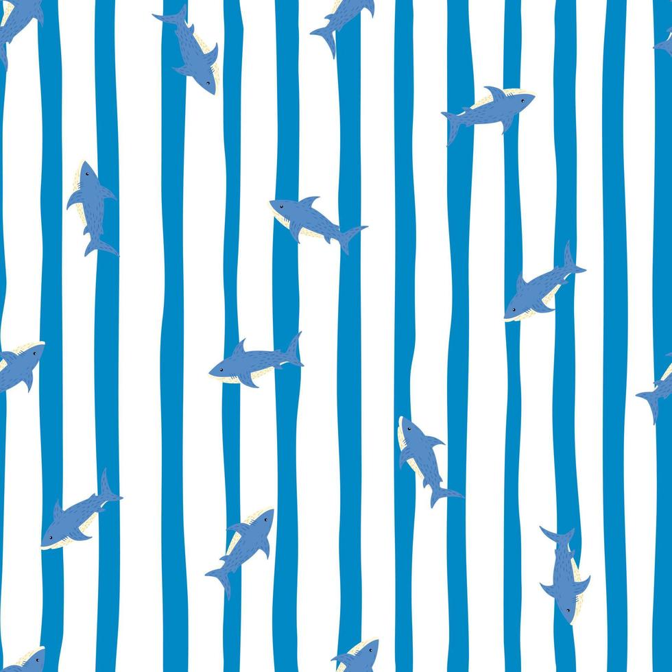 Contrast animal wild seamless pattern with little blue sharks. Striped background. Bright tropical artwork. vector