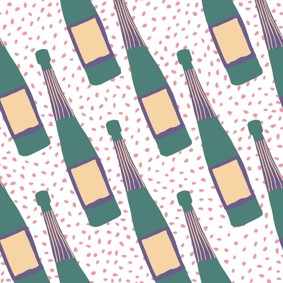 Doodle glass bottle seamless pattern on dots background. Alcohol bar bottles in doodle style. vector