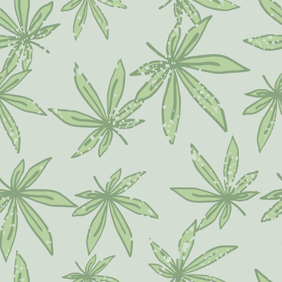 Seamless doodle random pattern with light green marijuana leafs. Light grey background. vector