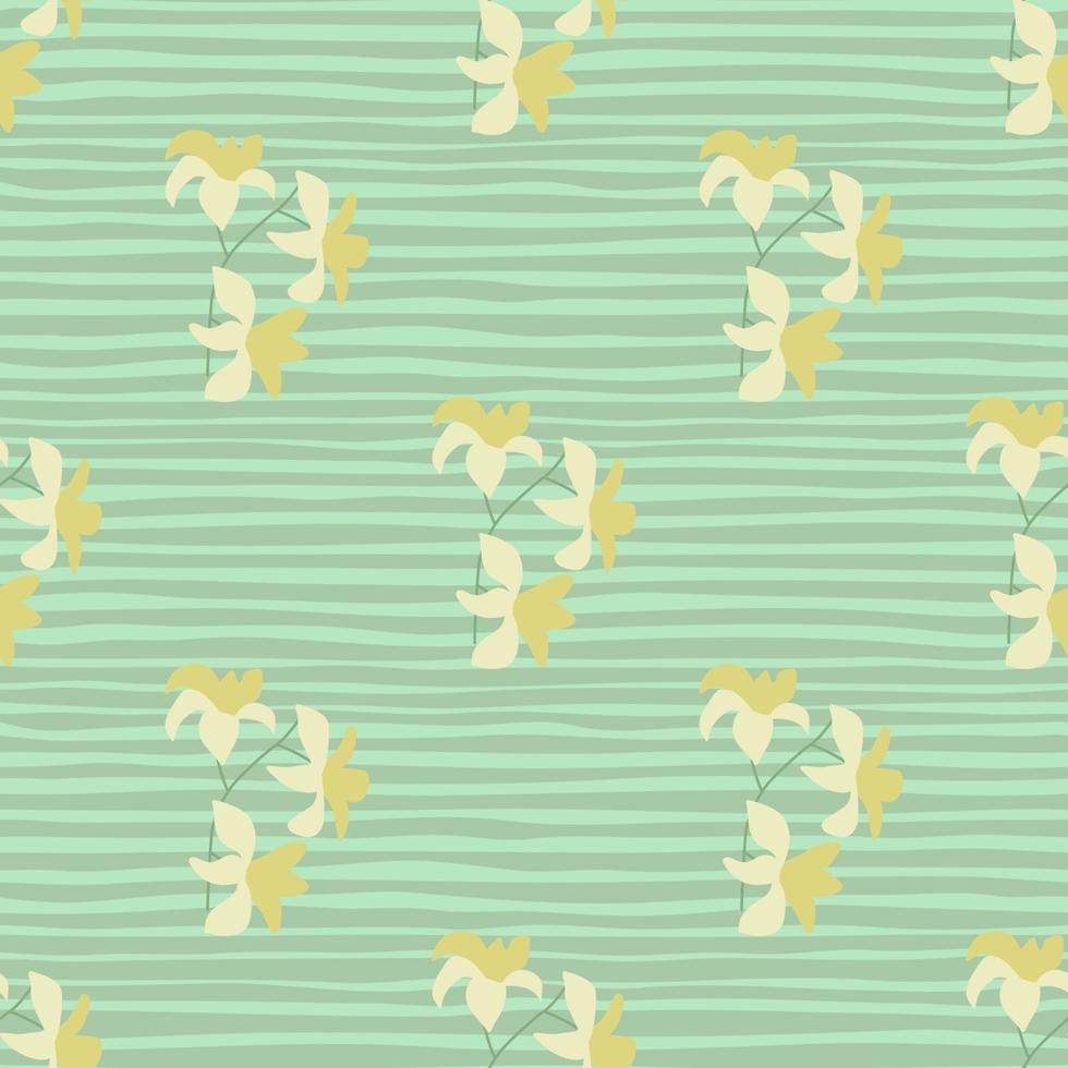 Hand drawn botanic seamless pattern with simple green hawaii flower shapes. Green striped background. vector