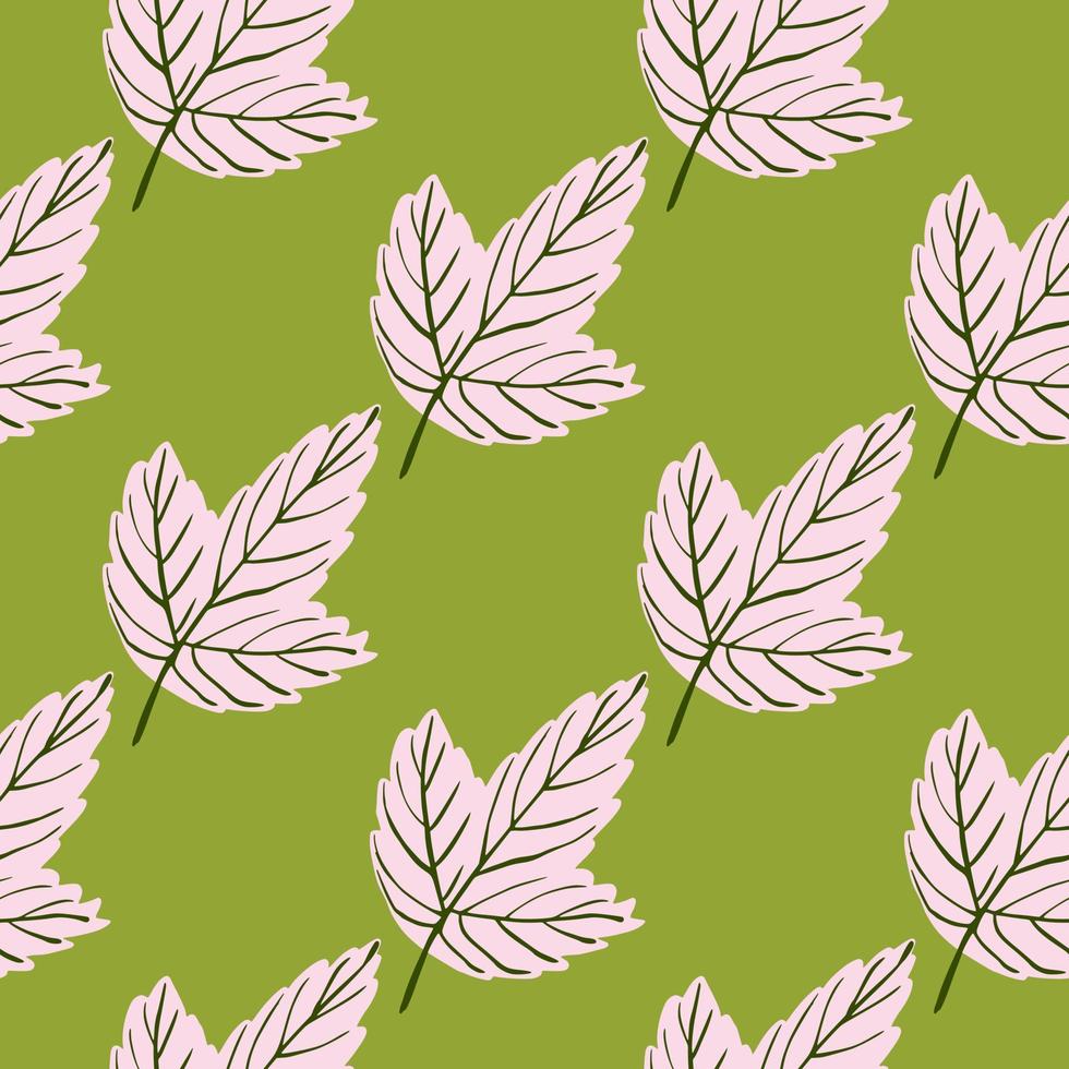 Light pink leaves seamless doodle pattern. Green background. Abstract contrast floral artwork. vector