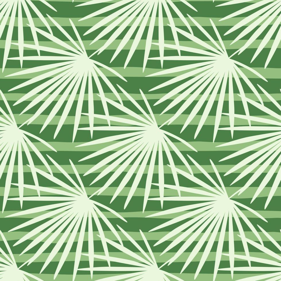 Abstract tropic seamless pattern with doodle fan palm ornament. Light colored exotic foliage on green striped backgound. vector