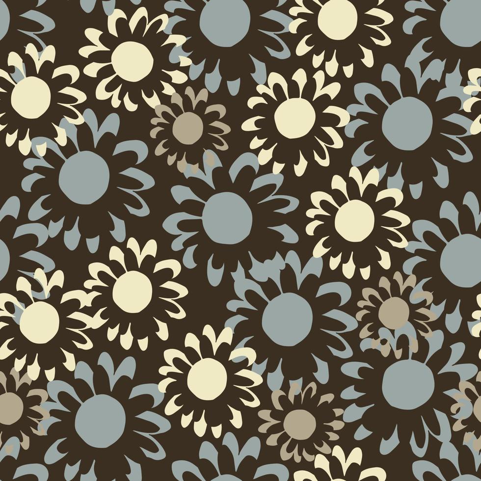 Blue and light beige floral elements on dark brown background. Seamless botanic pattern. vector